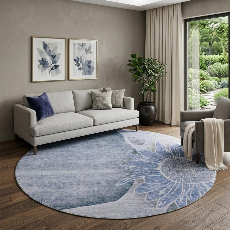 5' X 8' Blue And Ivory Floral Washable Area Rug With UV Protection