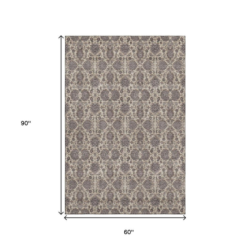 5' X 8' Ivory And Taupe Floral Washable Area Rug With UV Protection