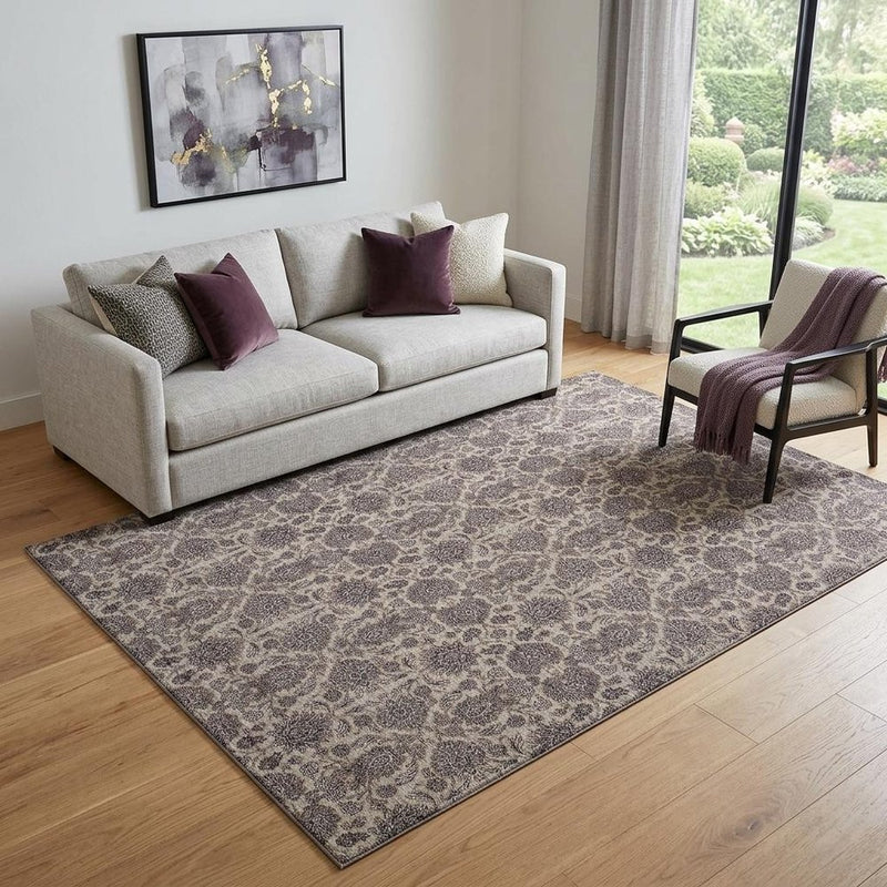 5' X 8' Ivory And Taupe Floral Washable Area Rug With UV Protection