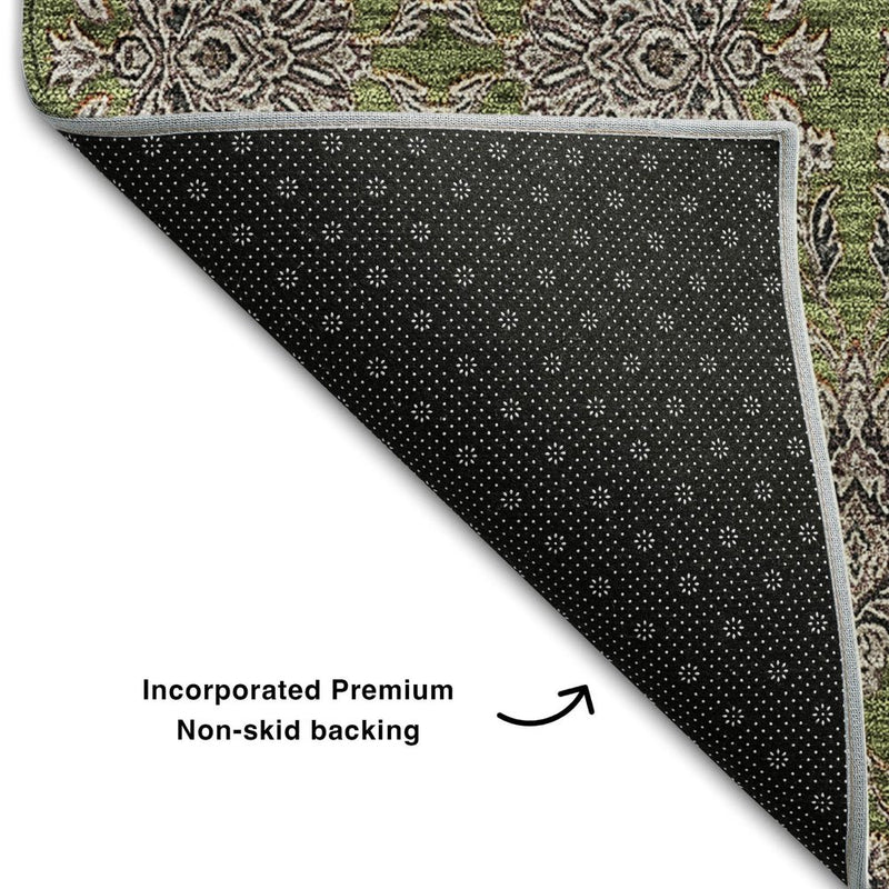 5' X 8' Olive Green And Beige Floral Washable Area Rug With UV Protection