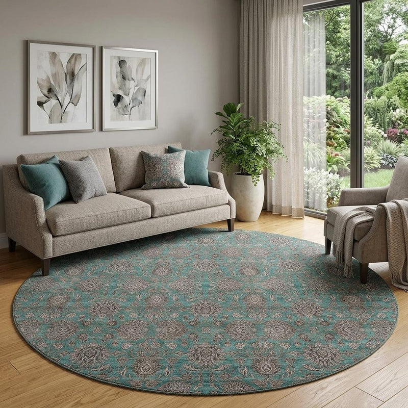 5' X 8' Teal And Beige Floral Washable Area Rug With UV Protection