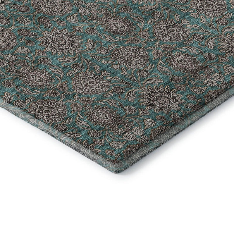 5' X 8' Teal And Beige Floral Washable Area Rug With UV Protection