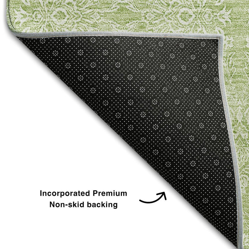 5' X 8' Artichoke Green And Ivory Floral Washable Area Rug With UV Protection
