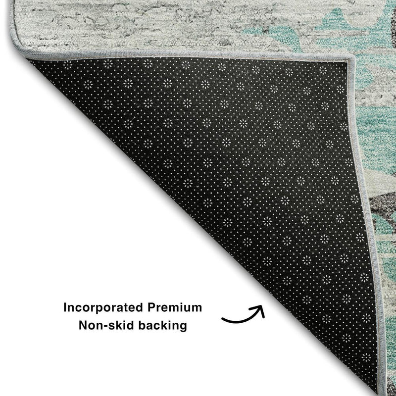 5' X 8' Teal Gray And Ivory Abstract Washable Area Rug With UV Protection