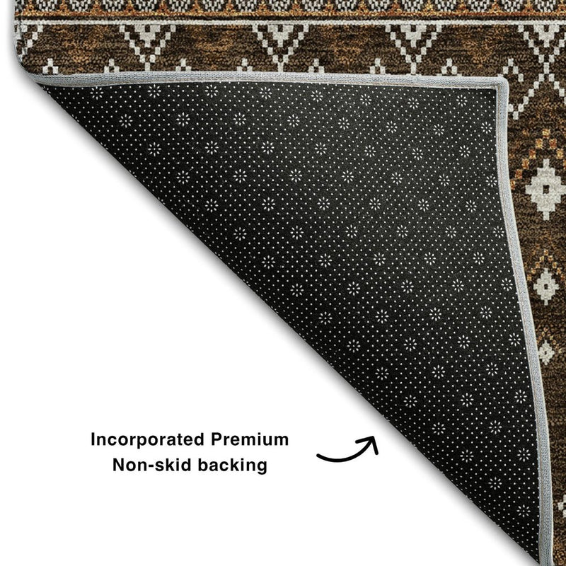 5' X 8' Chocolate And Ivory Tribal Washable Area Rug With UV Protection