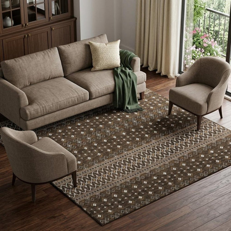 5' X 8' Chocolate And Ivory Tribal Washable Area Rug With UV Protection
