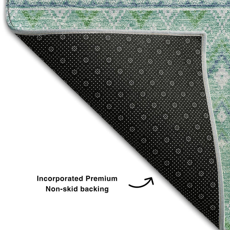 5' X 8' Aqua And Ivory Tribal Washable Area Rug With UV Protection