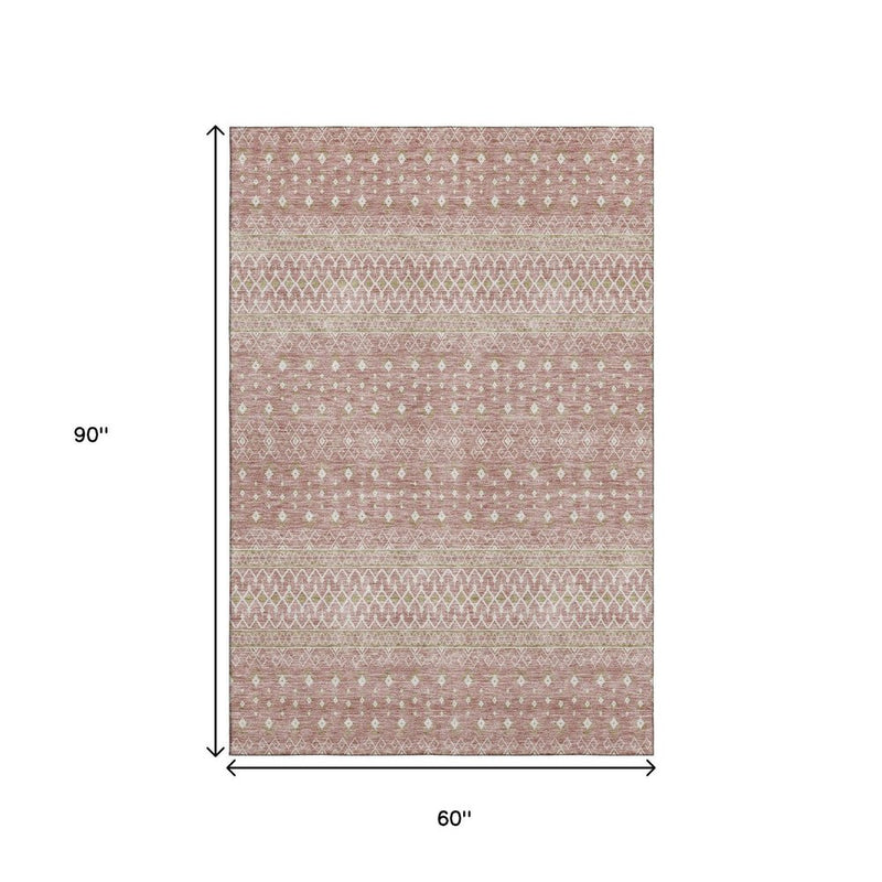 5' X 8' Blush And Ivory Tribal Washable Area Rug With UV Protection