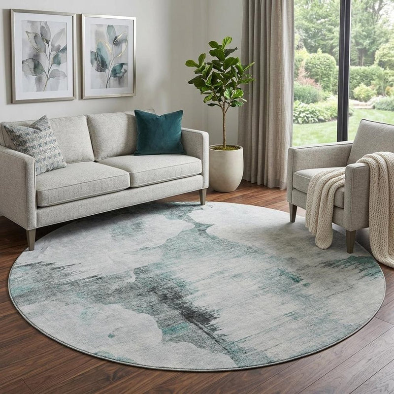 5' X 8' Teal Gray And Ivory Abstract Washable Area Rug With UV Protection