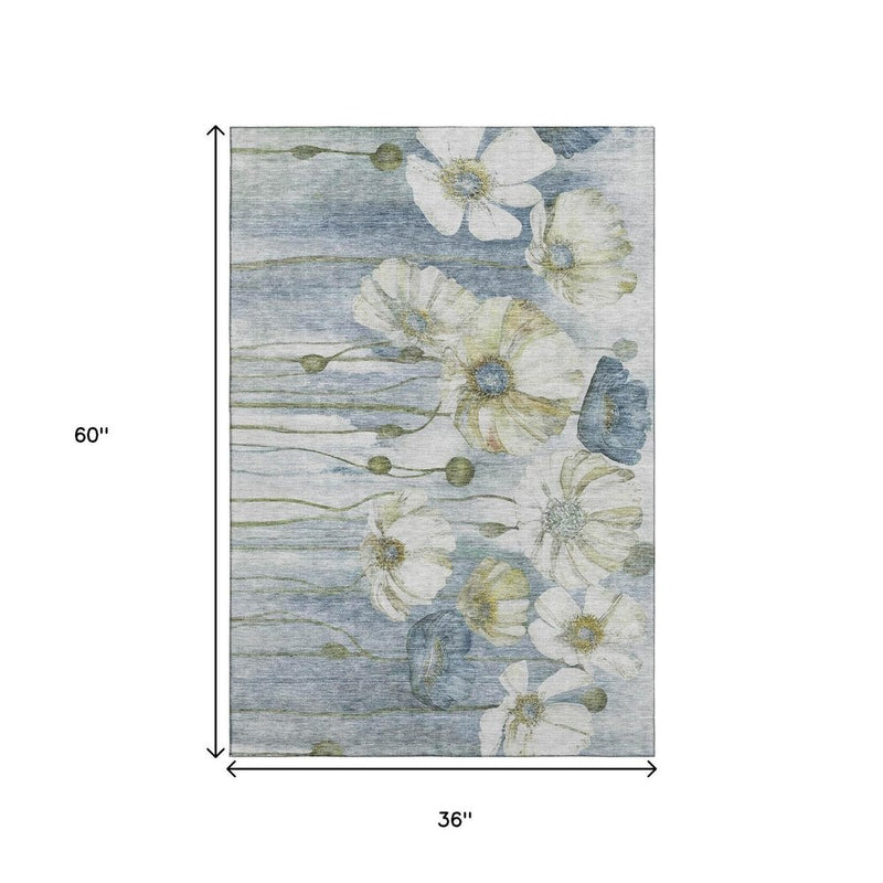 3' X 5' Blue Ivory And Gold Floral Washable Area Rug With UV Protection