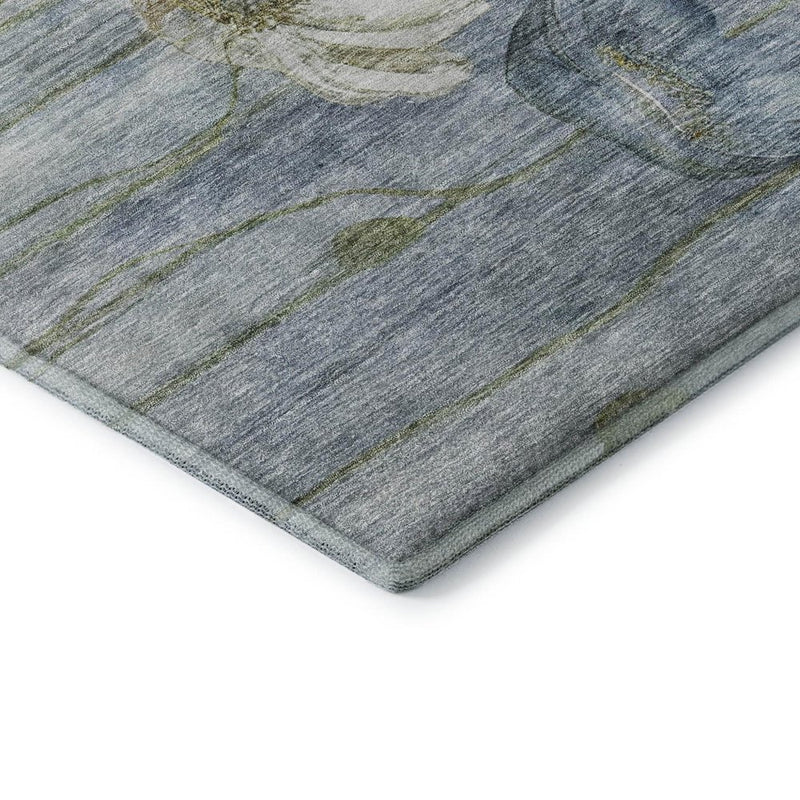 3' X 5' Blue Ivory And Gold Floral Washable Area Rug With UV Protection