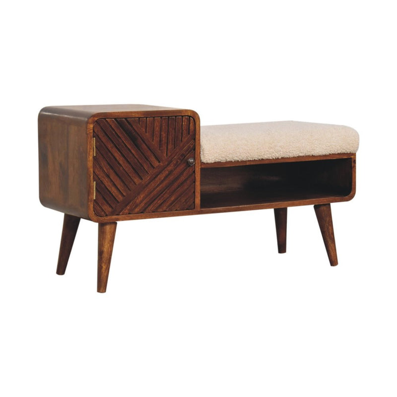 35" Cream And Chestnut Boucle And Solid Wood Upholstered Storage Bench With Cabinet And Shelves