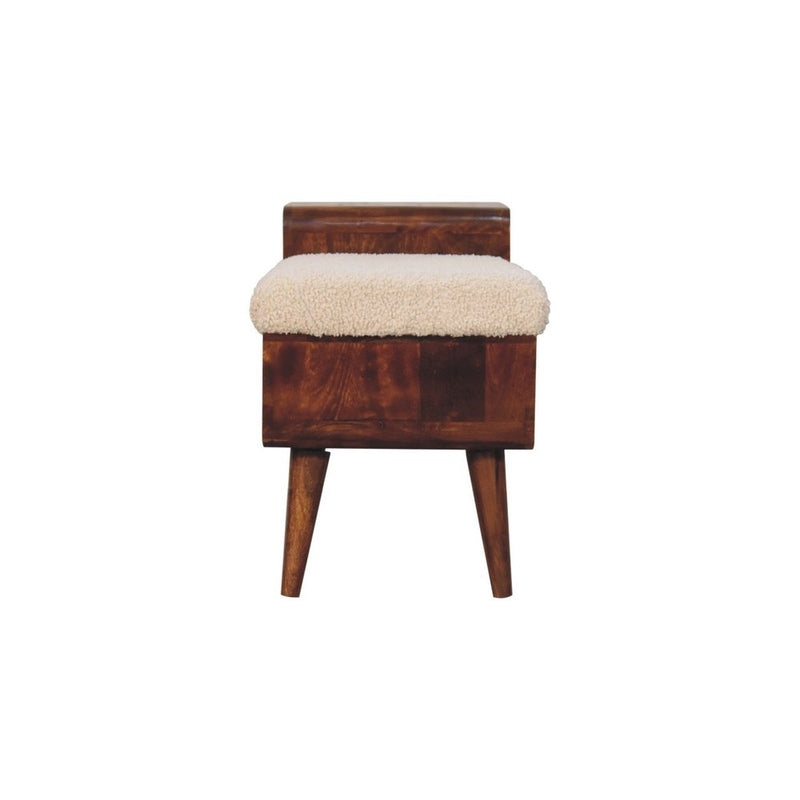 35" Cream And Chestnut Boucle And Solid Wood Upholstered Storage Bench With Cabinet And Shelves