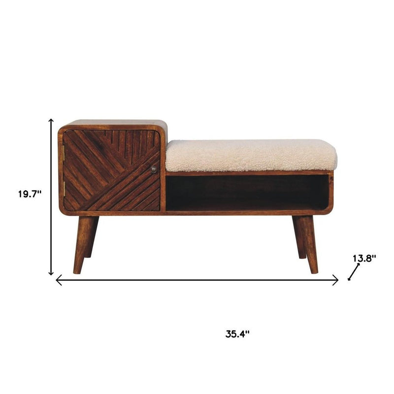 35" Cream And Chestnut Boucle And Solid Wood Upholstered Storage Bench With Cabinet And Shelves