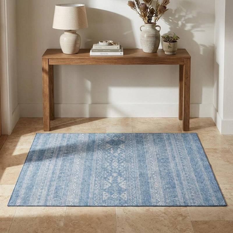 3' X 5' Sky Blue And Ivory Southwestern Washable Area Rug With UV Protection