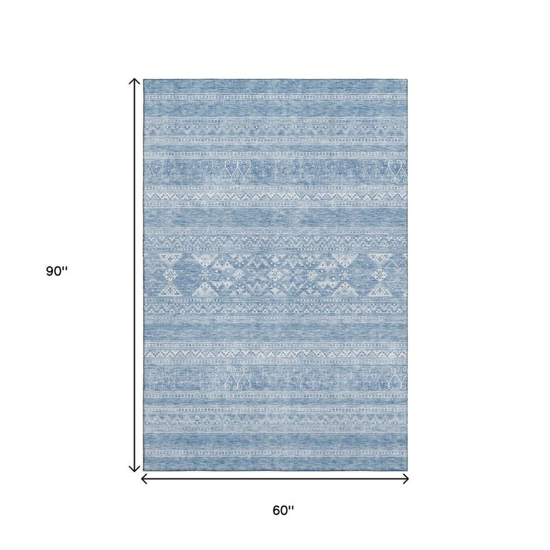 3' X 5' Sky Blue And Ivory Southwestern Washable Area Rug With UV Protection