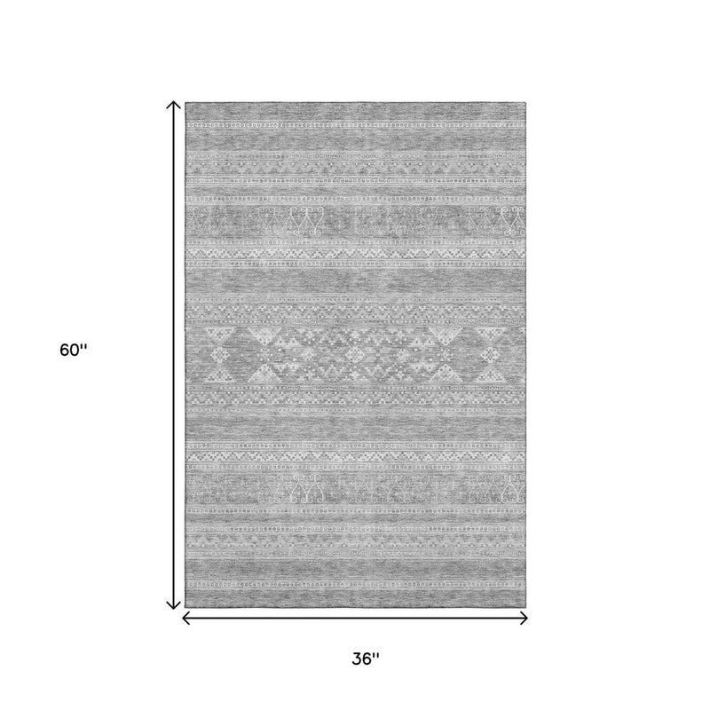 3' X 5' Silver And Gray Southwestern Washable Area Rug With UV Protection
