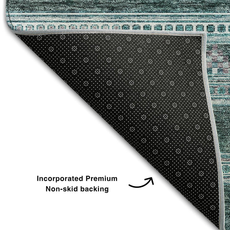 3' X 5' Teal And Ivory Southwestern Washable Area Rug With UV Protection