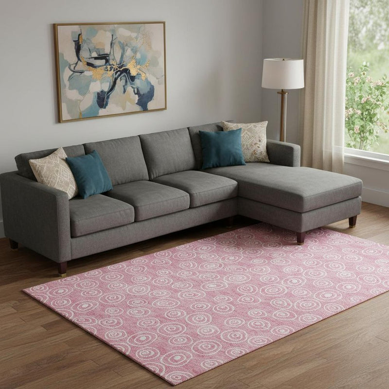 9' X 12' Pink And Ivory Polka Dot Washable Area Rug With UV Protection