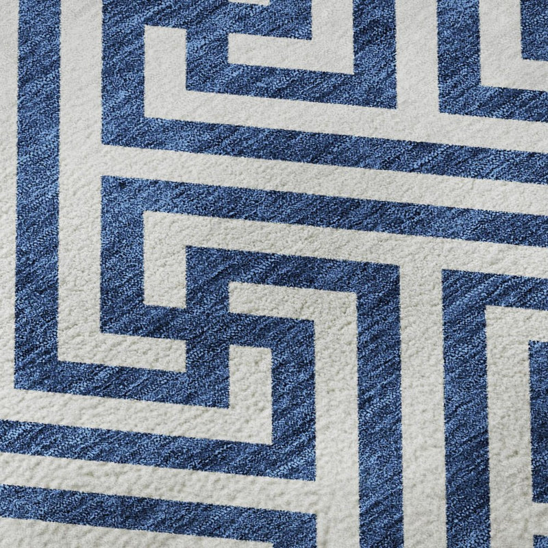 8' Blue And Ivory Geometric Washable Round Rug With UV Protection