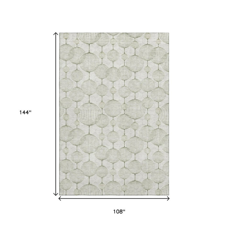 9' X 12' Green And Beige Geometric Washable Area Rug With UV Protection