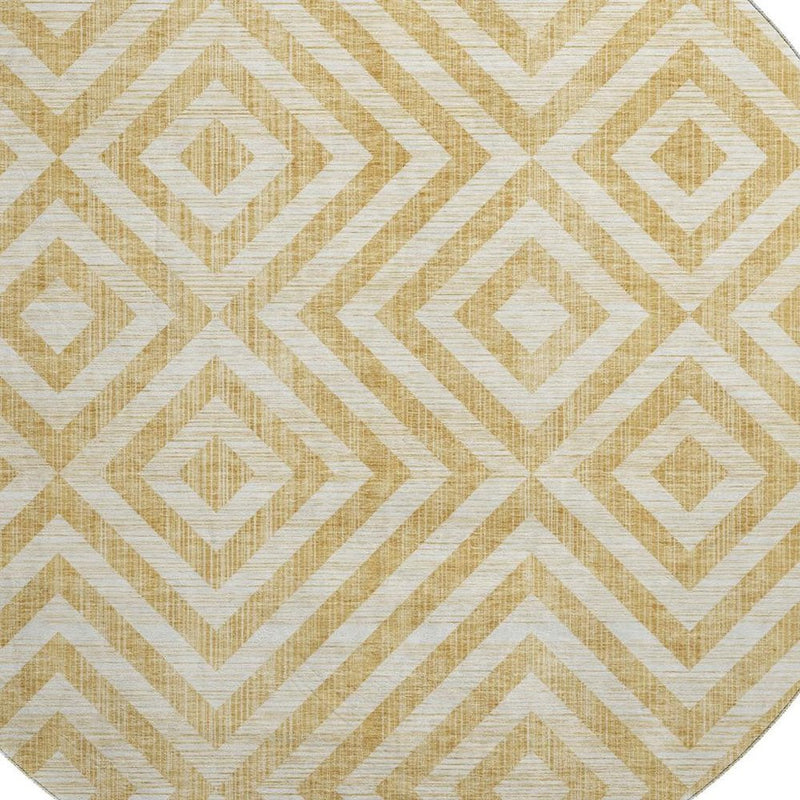 8' Gold And Ivory Geometric Washable Round Rug With UV Protection