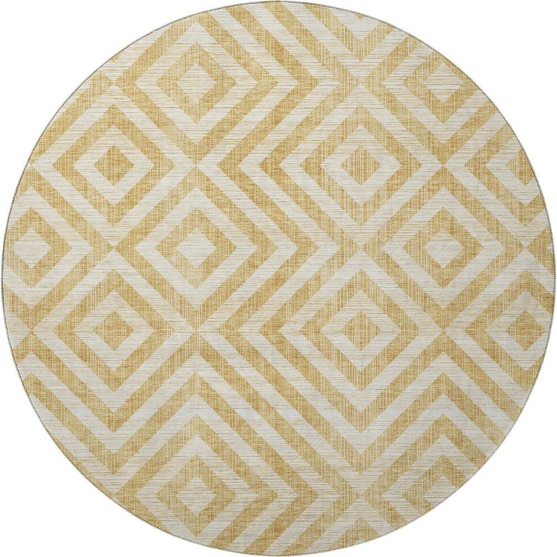8' Gold And Ivory Geometric Washable Round Rug With UV Protection