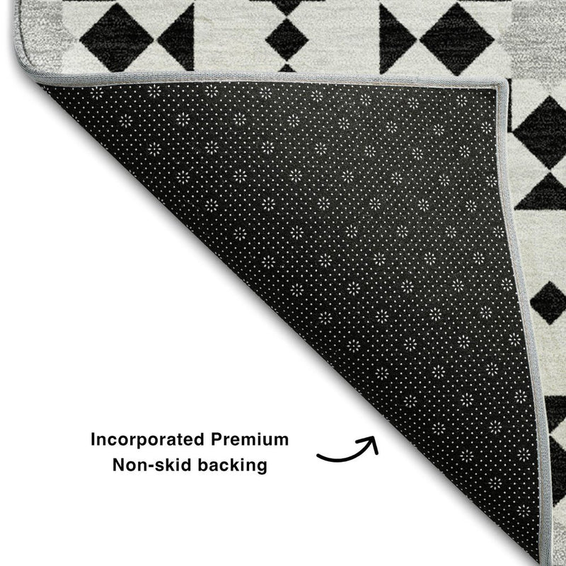 5' X 8' Black And Silver Geometric Washable Area Rug With UV Protection