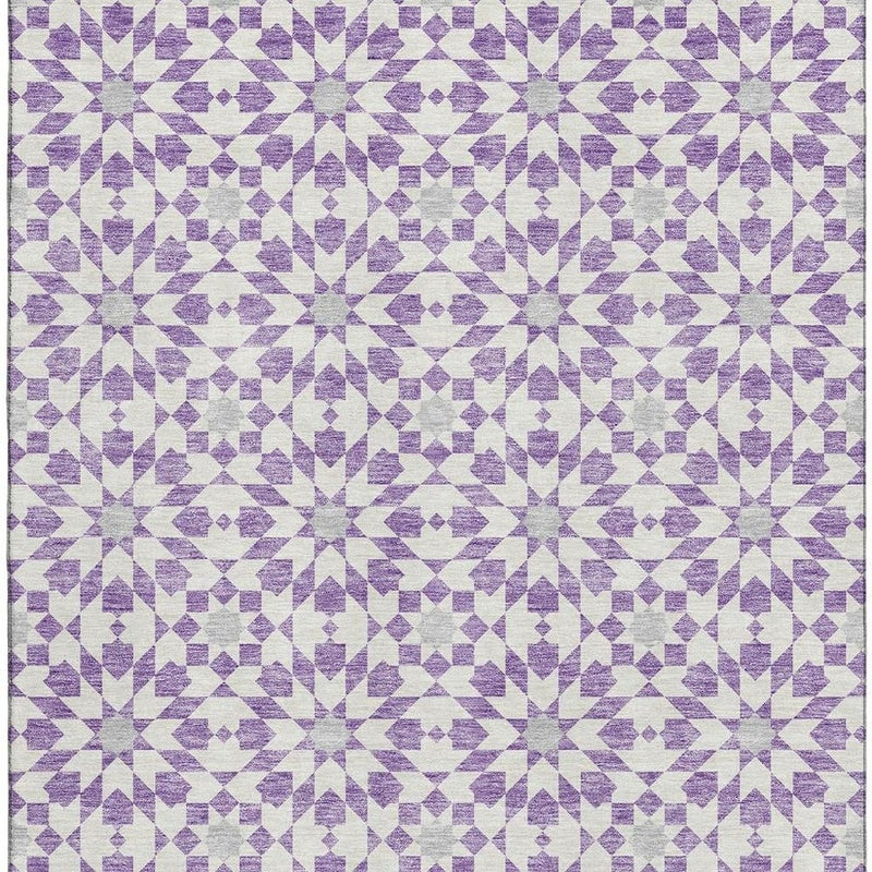 5' X 8' Lavender And Ivory Geometric Washable Area Rug With UV Protection