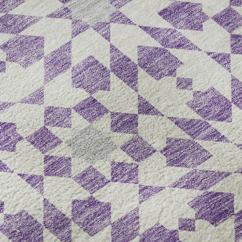 9' X 12' Lavender And Ivory Geometric Washable Area Rug With UV Protection