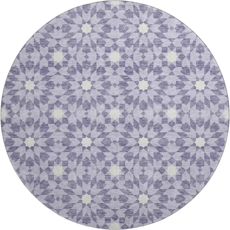 8' Lilac And Ivory Geometric Washable Round Rug With UV Protection
