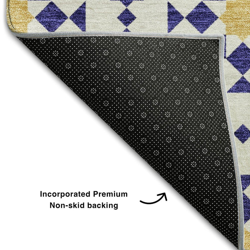 8' X 10' Navy Blue Ivory And Gold Geometric Washable Area Rug With UV Protection