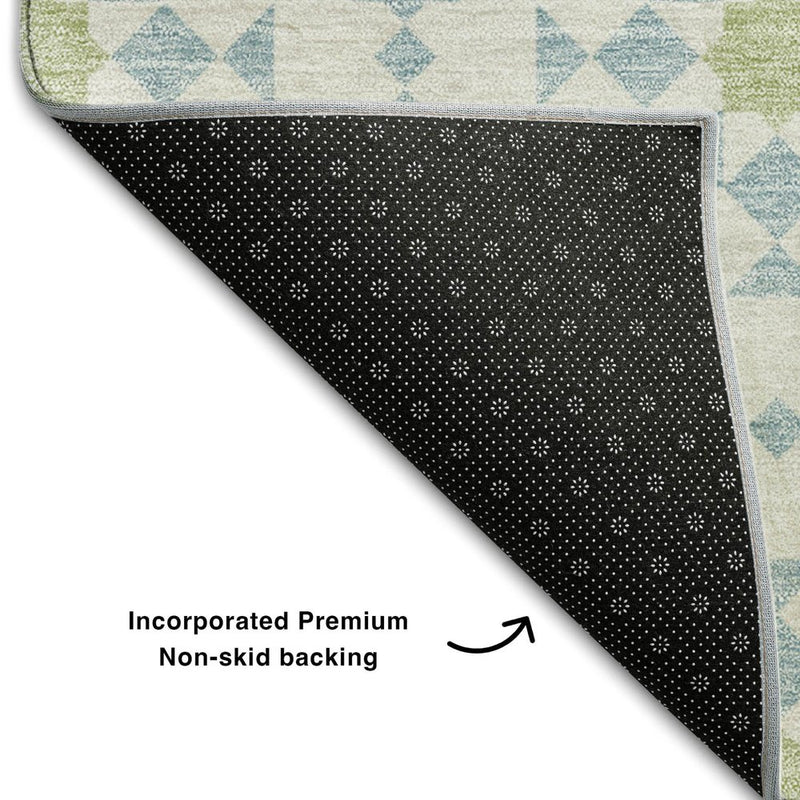 5' X 8' Sky Blue Ivory And Green Geometric Washable Area Rug With UV Protection