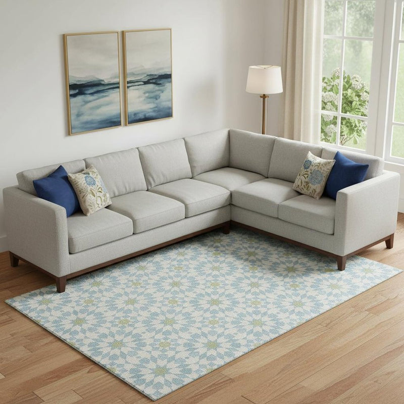 8' X 10' Sky Blue Ivory And Green Geometric Washable Area Rug With UV Protection