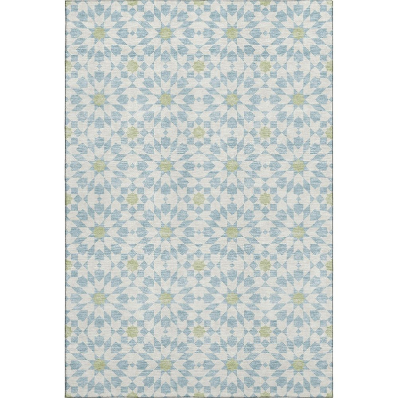 9' X 12' Sky Blue Ivory And Green Geometric Washable Area Rug With UV Protection
