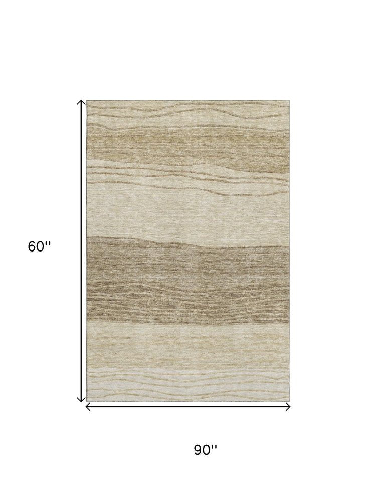 5' X 8' Beige And Brown Striped Washable Area Rug With UV Protection
