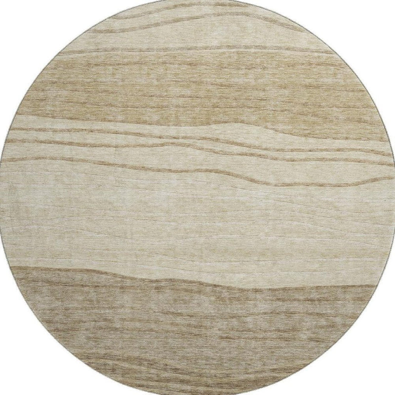 8' Beige And Brown Striped Washable Round Rug With UV Protection