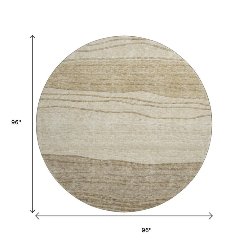 8' Beige And Brown Striped Washable Round Rug With UV Protection