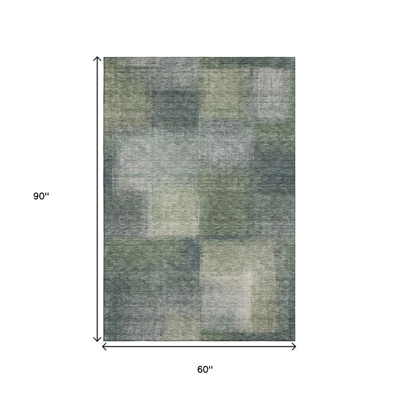 5' X 8' Olive Green Ivory And Gray Abstract Washable Area Rug With UV Protection