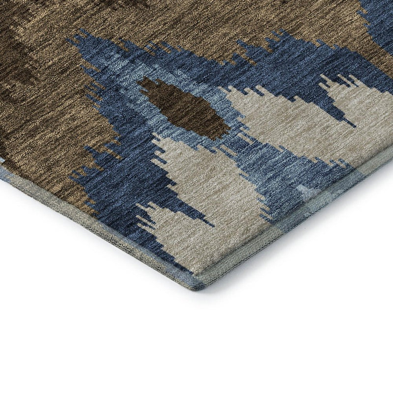 5' X 8' Blue Brown And Beige Ikat Washable Area Rug With UV Protection
