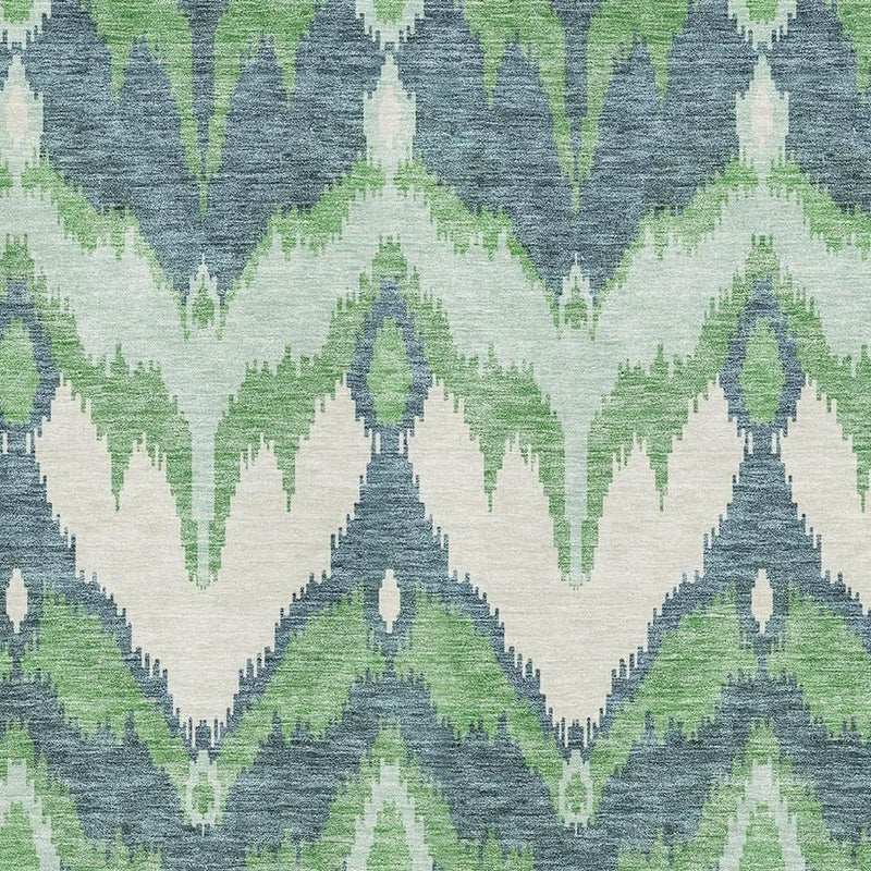 9' X 12' Green And Ivory Ikat Washable Area Rug With UV Protection