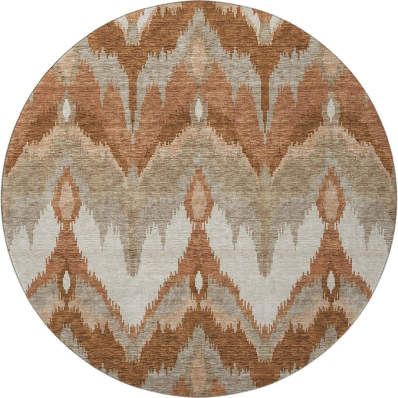 8' Rust And Beige Ikat Washable Round Rug With UV Protection