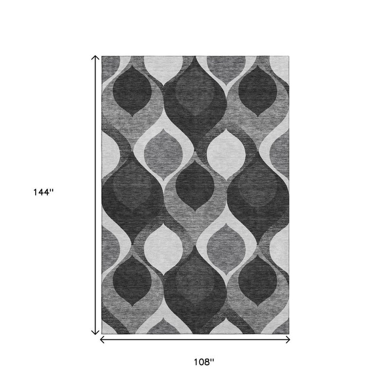 9' X 12' Black And Silver Ogee Washable Area Rug With UV Protection