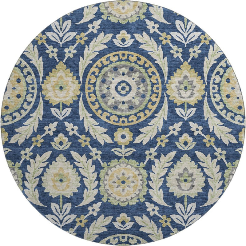 8' Navy Blue Gold And Beige Floral Washable Round Rug With UV Protection