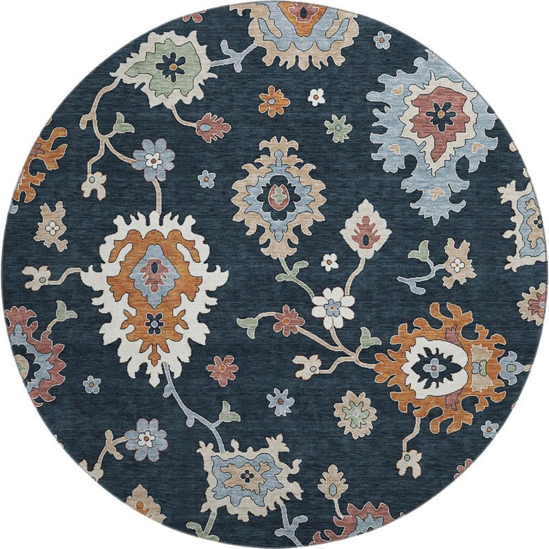 8' Black Blue And Ivory Floral Medallion Washable Round Rug With UV Protection