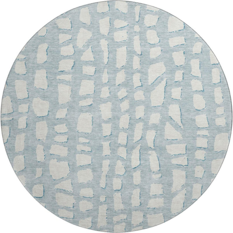 8' Sky Blue And Ivory Cobblestone Washable Round Rug With UV Protection