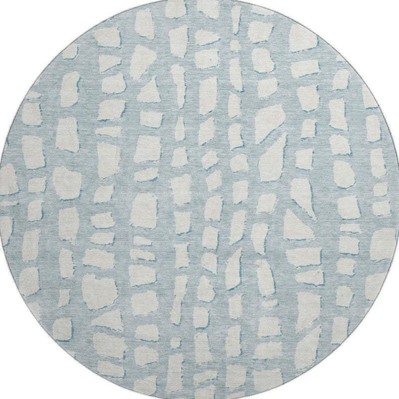 8' Sky Blue And Ivory Cobblestone Washable Round Rug With UV Protection