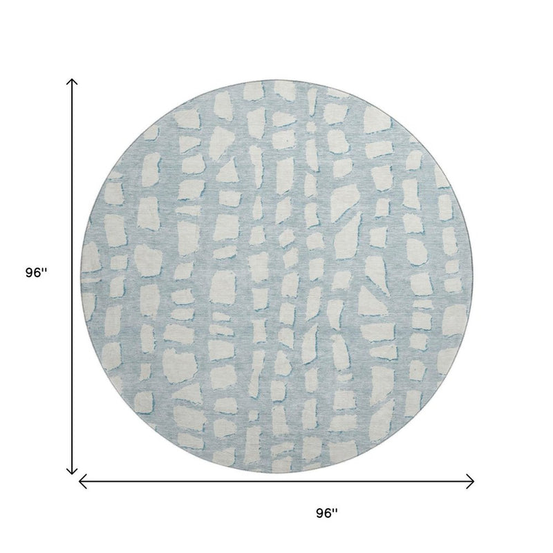 8' Sky Blue And Ivory Cobblestone Washable Round Rug With UV Protection