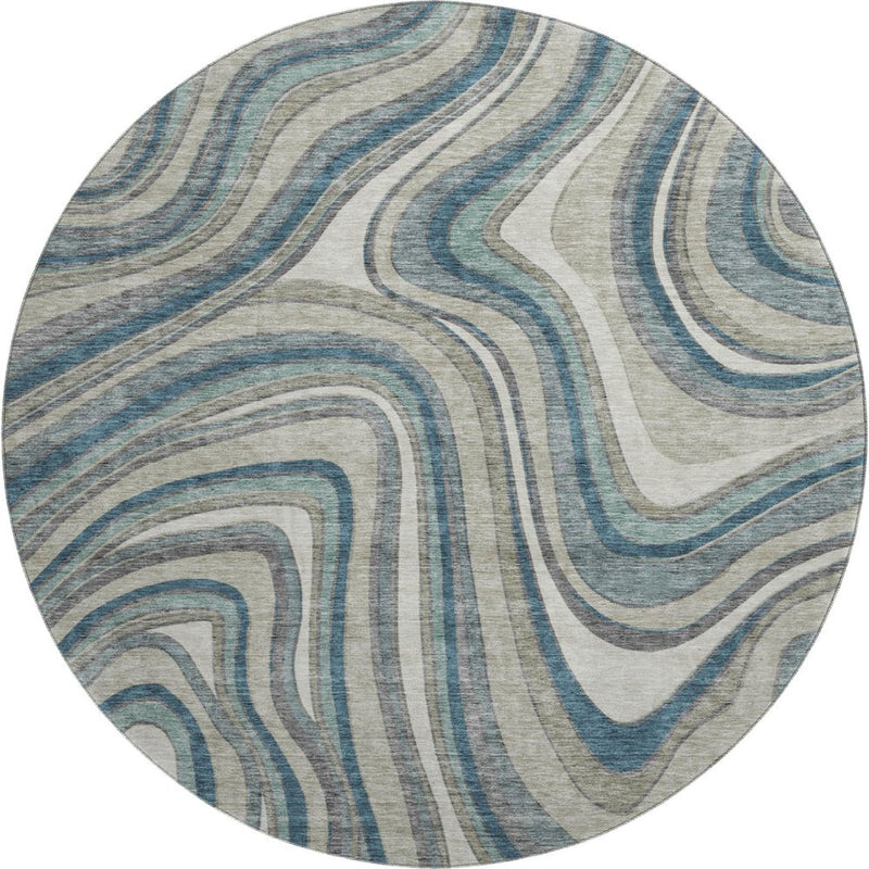 8' Teal Ivory And Taupe Marble Washable Round Rug With UV Protection