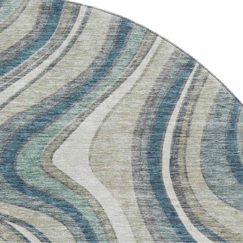 8' Teal Ivory And Taupe Marble Washable Round Rug With UV Protection